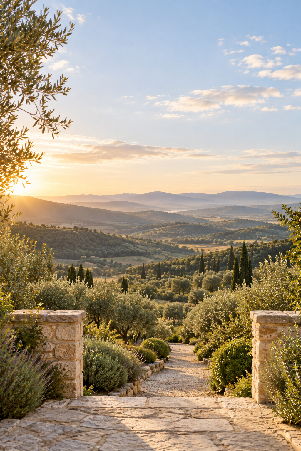 A sunlit garden path opening toward a vast, peaceful landscape