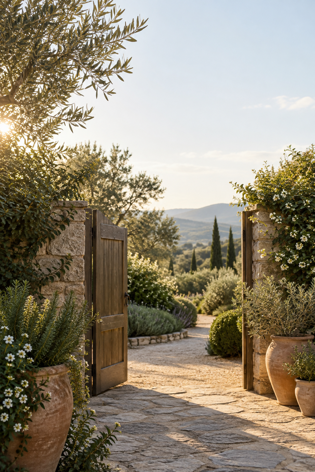 A sunlit garden path through an open wooden gate